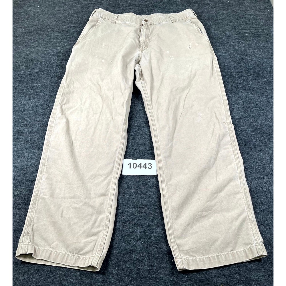 Carhartt Dungaree Fit Pants Mens 38x32 Beige Cotton Logo Straight Leg Workwear